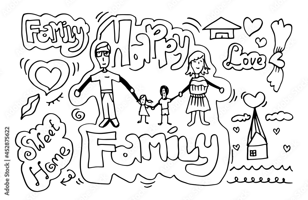 Happy family holding hands on white background.