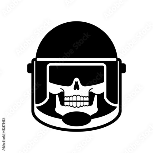 Skull in police protect mask. Skeleton riot police. Punitive intimidating power