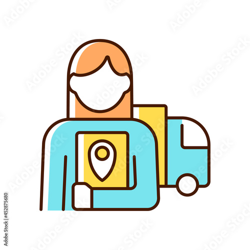 Logistician RGB color icon. Control movement of products and people. Transportation and management. Coordination of delivery and supply. Isolated vector illustration. Simple filled line drawing