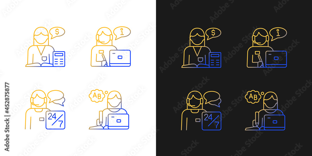 Female assistant gradient icons set for dark and light mode. Employee staff. Company workers team. Thin line contour symbols bundle. Isolated vector outline illustrations collection on black and white Female assistant gradient icons set for dark and light mode. Employee staff. Company workers team. Thin line contour symbols bundle. Isolated vector outline illustrations collection on black and white