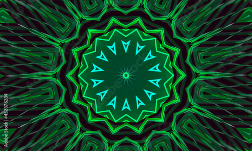 A dark background with a glowing green ornament in the shape of a stylized flower. Kaleidoscope pattern for design.