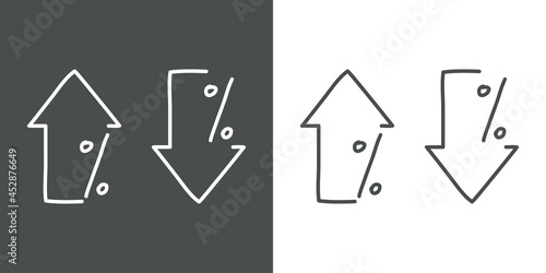 Logotipo con símbolo manuscrito porcentaje escrito a mano en silueta de flechas con lineas en fondo gris y fondo blanco