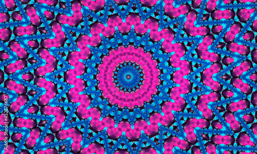 Wallpaper Mural Cyan flower on pink star background. Detailed wallpaper with many circles, squares and decorative flowers in rows and columns in pink and a glowing exotic flower, star in the center in cyan color Torontodigital.ca