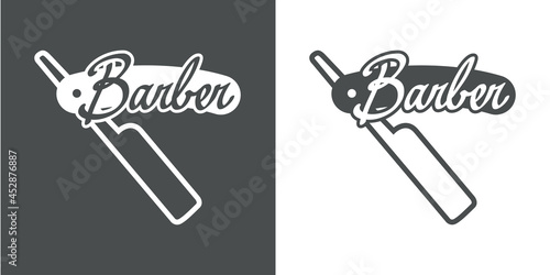 Logotipo con texto manuscrito Barber escrito a mano con navaja de afeitar en fondo gris y fondo blanco