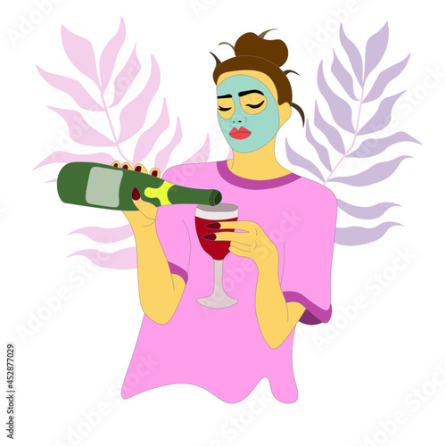 brunette in a T-shirt and a cosmetic mask pours champagnewine into a glass. woman prepares an alcoholic drink. house party. Friday. She spends the evening at home. A beautiful girl. Vector.