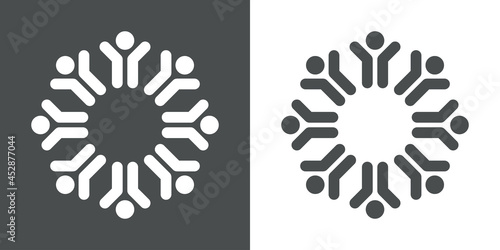 Logotipo abstracto grupo de personas de pie en circulo en fondo gris y fondo blanco