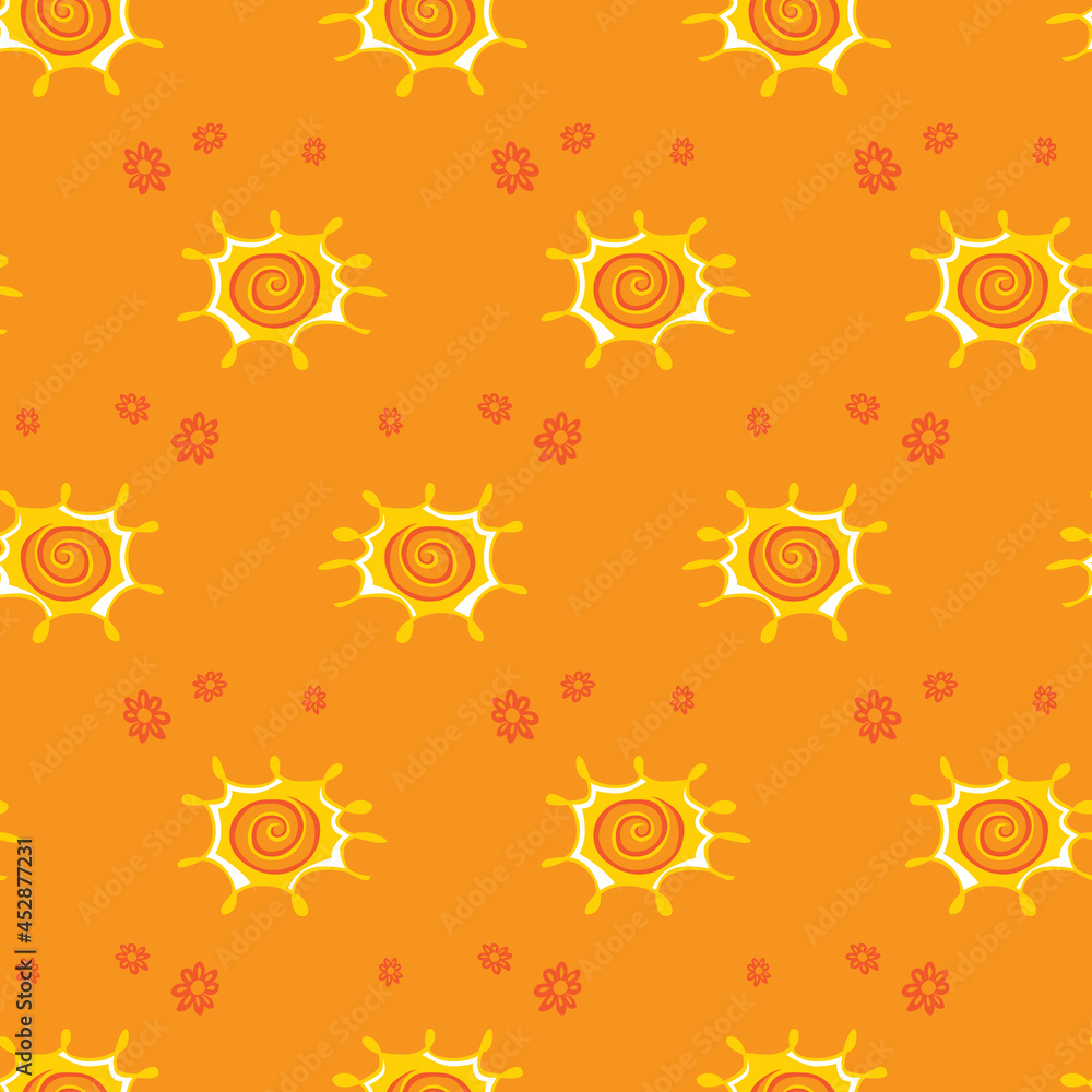 Vector sunny orange rows of cute sun doodle seamless background pattern. Suitable for textile, gift wrap and wallpaper. Vector sunny orange rows of cute sun doodle seamless background pattern. Suitable for textile, gift wrap and wallpaper.