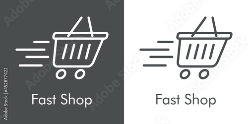 Logotipo con texto Fast Shop con cesta compra y ruedas y lineas de velocidad en fondo gris y fondo blanco