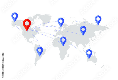 Vector World Map with Location Signs, Network Connection, Points of Destination, Gray Map, Red and Blue Pins, Illustration Isolated on White Background.