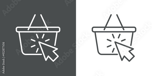 Logotipo con texto Fast Shop con cesta compra con flecha de cursor de mouse con lineas en fondo gris y fondo blanco