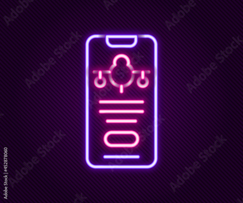 Glowing neon line Smartphone with electronic boarding pass airline ticket icon isolated on black background. Passenger plane mobile ticket for web and app. Colorful outline concept. Vector