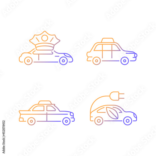 Taxi booking gradient linear vector icons set. Chauffeur hire. Hackney carriage. Driving car on electric power. Thin line contour symbols bundle. Isolated outline illustrations collection