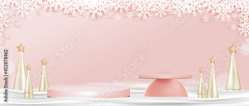 Christmas and New Year background.Studio room with Golden conical Christmas tree,Cylinder Stand, snowflakes.Vector 3d banner backdrop of winter landscape  with Xmas elements for holiday greeting card