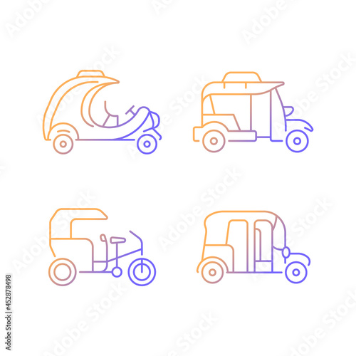 Transporting passengers business gradient linear vector icons set. Coco taxi. Bangkok tuk-tuk. Rickshaw-type vehicle. Thin line contour symbols bundle. Isolated outline illustrations collection