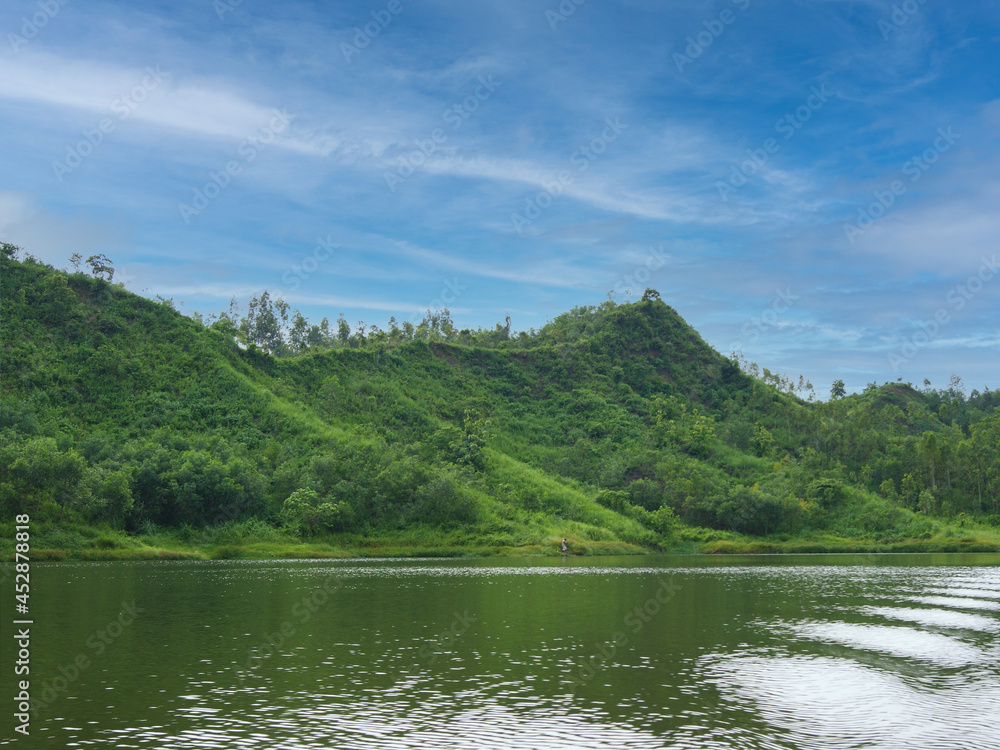 Lake view with beauty of hills and sky