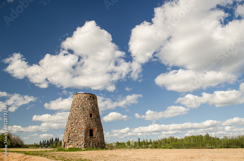 Windmill in sunny spring day, Zvarde, Latvia.