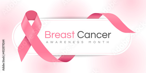 Breast cancer awareness month text on banner with pink ribbon sign waving around on soft pink background vector Design