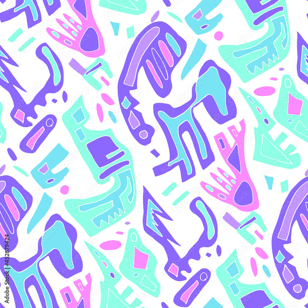 Seamless vector pattern with abstract modern doodles. Bright summer print. Trendy colorful background. Vintage geometric doodles. Seamless vector pattern with abstract modern doodles. Bright summer print. Trendy colorful background. Vintage geometric doodles.