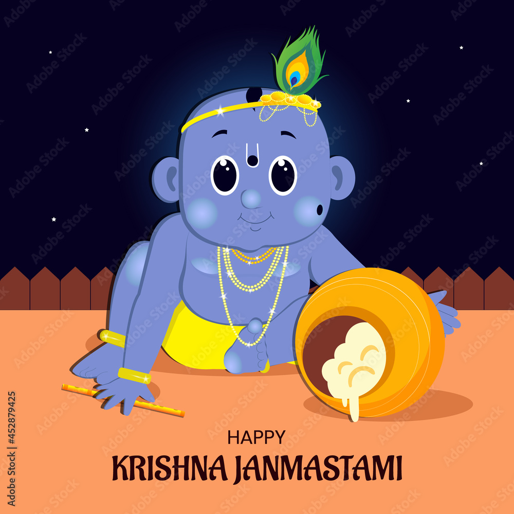 Poster of Krishna Janmashtami. Bal Krishna has sat on the floor ...