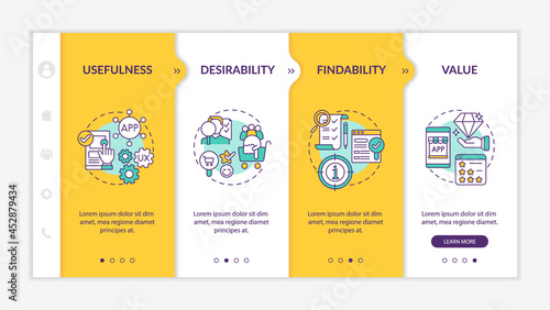 UX elements onboarding vector template. Responsive mobile website with icons. Web page walkthrough 4 step screens. Desirability and findability factors color concept with linear illustrations