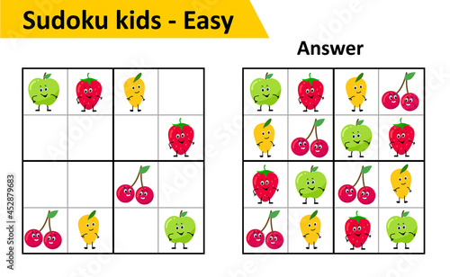 Sudoku kids game with answers. Cute fruit characters in 4x4. Game for small children.