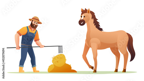 Farmer feeding horse with hay illustration