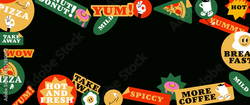 Vector set of fast food stickers, labels, badges or tags. Web banner. Modern and colorful promotion marketing.
