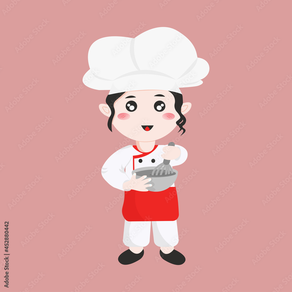 Cute chef girl in mascot cartoon art illustration kneading dough Cute chef girl in mascot cartoon art illustration kneading dough