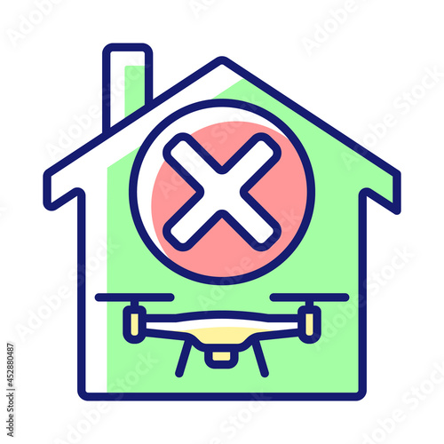 Dont use indoors RGB color manual label icon. Unsafe flying inside house. Restrict drone flight. Potential hazard. Isolated vector illustration. Simple filled line drawing for product use instructions