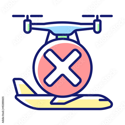 Dont fly near aircrafts RGB color manual label icon. Stay away from airports, airfields. Drone flight restriction. Isolated vector illustration. Simple filled line drawing for product use instructions