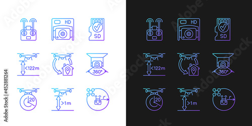 Drone care gradient manual label icons set for dark and light mode. Thin line contour symbols bundle. Isolated vector outline illustrations collection on black and white for product use instructions
