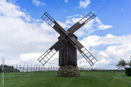 view of the Angla windmills on Saaremaa Island in Estonia