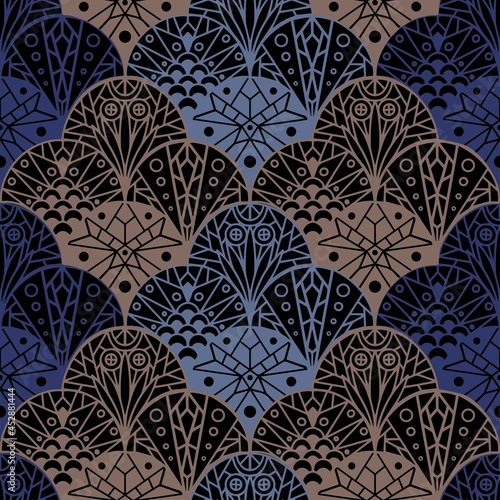 Seamless pattern with abstract geometric triangular shapes with ornament