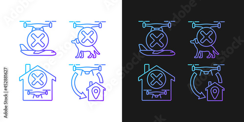 Drone flight gradient manual label icons set for dark and light mode. Thin line contour symbols bundle. Isolated vector outline illustrations collection on black and white for product use instructions