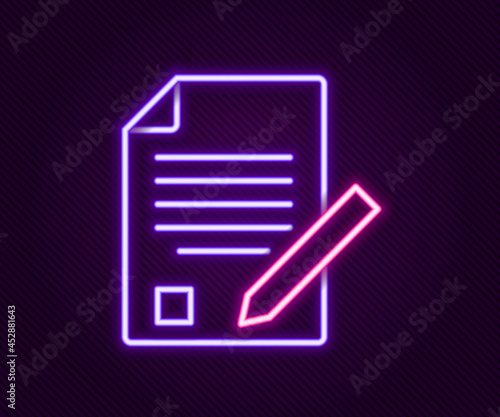 Glowing neon line Exam sheet and pencil with eraser icon isolated on black background. Test paper, exam, or survey concept. School test or exam. Colorful outline concept. Vector