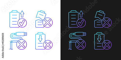 Quadcopter gradient manual label icons set for dark and light mode. Thin line contour symbols bundle. Isolated vector outline illustrations collection on black and white for product use instructions