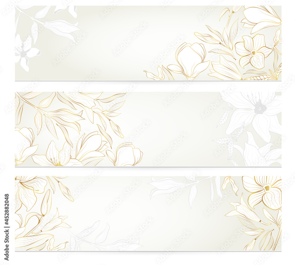 Vector banners with golden plants in line art style on a gray background. Golden flowers of lilies.