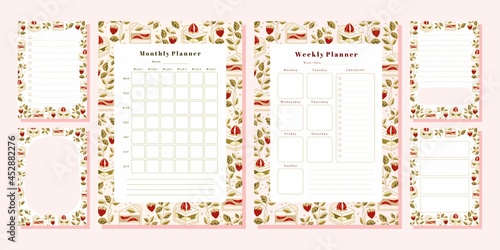 Set of weekly planner, monthly planner, note, memo, school scheduler templates with hand drawn cake, floral, and strawberry elements