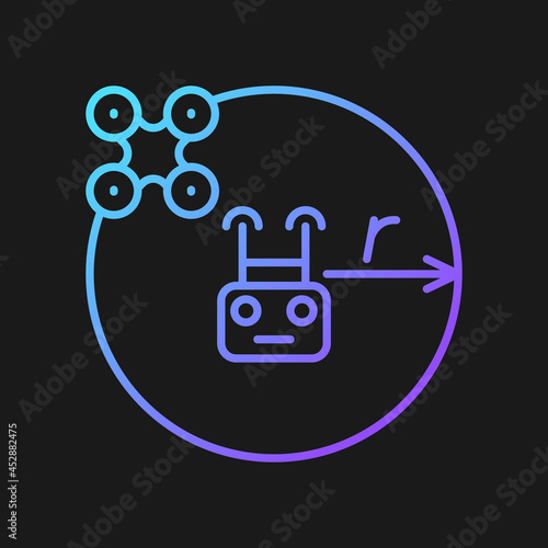 Control flight radius gradient vector manual label icon for dark theme. Drone range. Thin line color symbol. Modern style pictogram. Vector isolated outline drawing for product use instructions