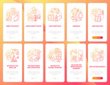 Maternity leave related red gradient onboarding mobile app page screen set. Walkthrough 5 steps graphic instructions with concepts. UI, UX, GUI vector template with linear color illustrations