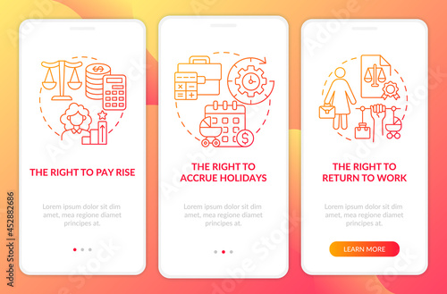 Maternity leave employee rights red gradient onboarding mobile app page screen. Walkthrough 3 steps graphic instructions with concepts. UI, UX, GUI vector template with linear color illustrations