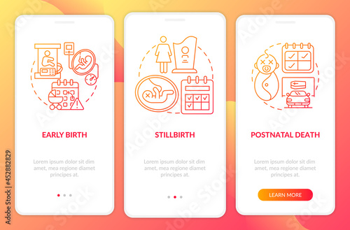 Maternity leave entitlement cases red gradient onboarding mobile app page screen. Walkthrough 3 steps graphic instructions with concepts. UI, UX, GUI vector template with linear color illustrations