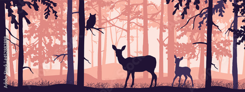 Horizontal banner of forest landscape. Doe and fawn in magic misty forest. Owl on branch. Silhouettes of trees and animals. Pink and orange background, illustration. Bookmark.