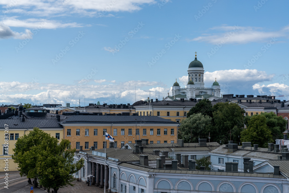 view of downtown Helsinki with its landmark buildings and cathedral in the background