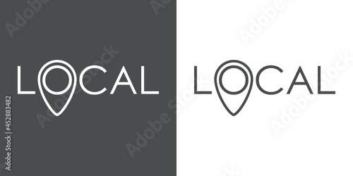 Logotipo con palabra Local con letra O con forma de puntero de posición con lineas en fondo gris y fondo blanco
