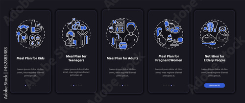Meal plan for age groups dark onboarding mobile app page screen. Walkthrough 5 steps graphic instructions with concepts. UI, UX, GUI vector template with linear night mode illustrations