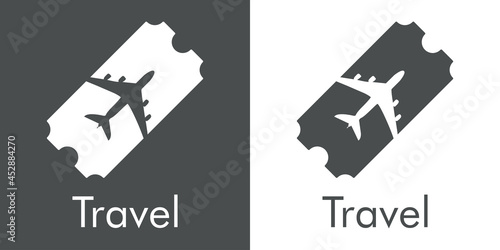 Logotipo con texto Travel y silueta de avión en tarjeta de embarque en fondo gris y fondo blanco