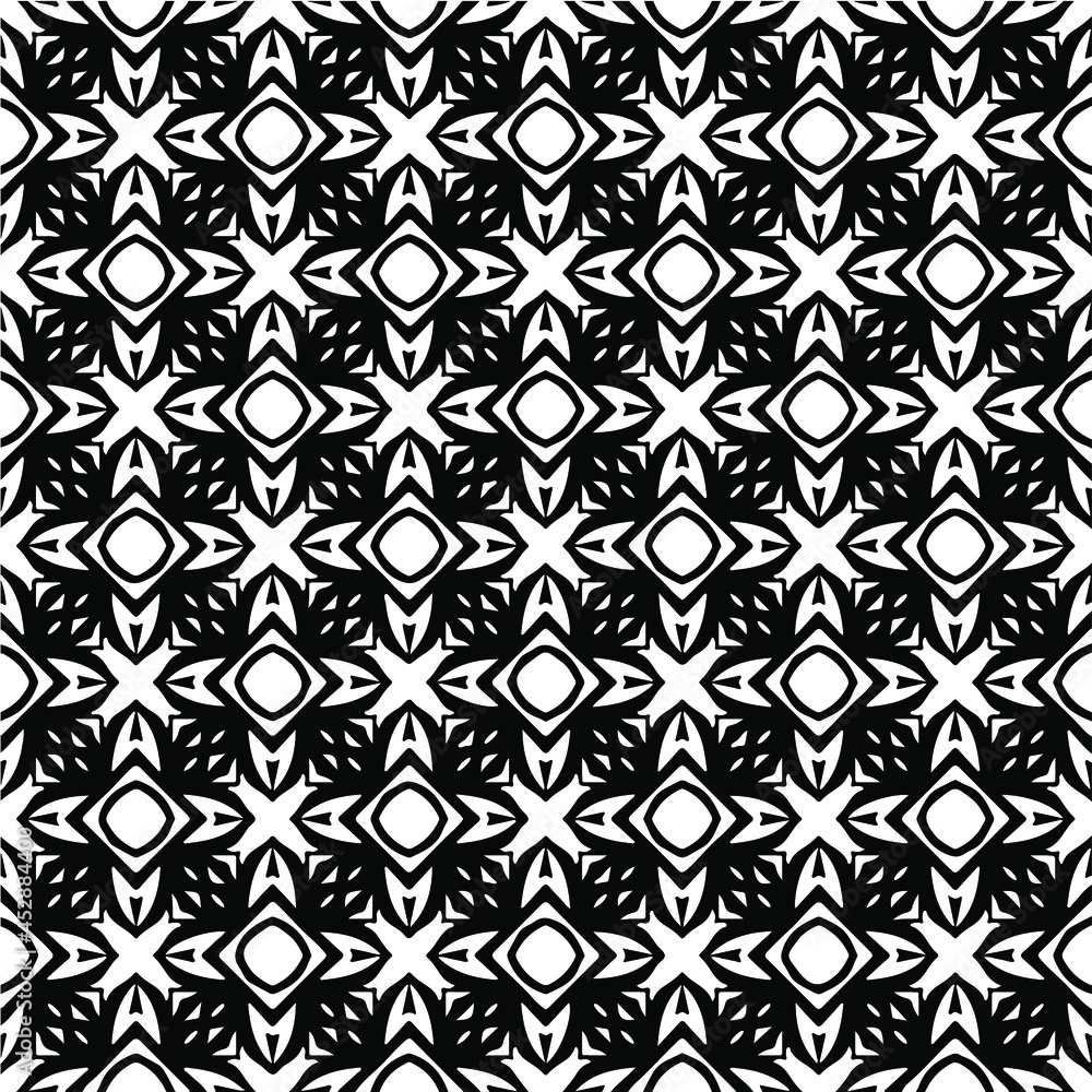 Flower geometric pattern. Seamless vector background. White and black ornament. Ornament for fabric, wallpaper, packaging. Decorative print Flower geometric pattern. Seamless vector background. White and black ornament. Ornament for fabric, wallpaper, packaging. Decorative print