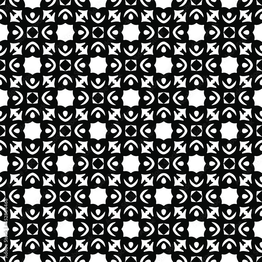 Flower geometric pattern. Seamless vector background. White and black ornament. Ornament for fabric, wallpaper, packaging. Decorative print Flower geometric pattern. Seamless vector background. White and black ornament. Ornament for fabric, wallpaper, packaging. Decorative print