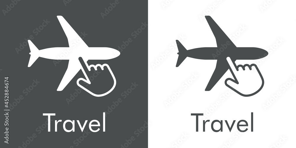 Logotipo con texto Travel y silueta de avión con mano como puntero de mouse en fondo gris y fondo blanco
